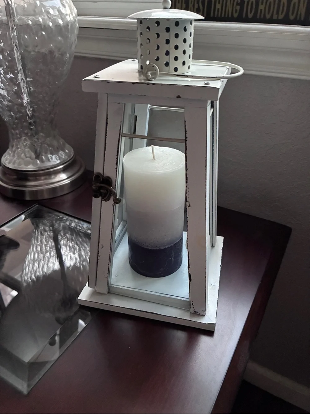 Distressed White Wooden Lantern with Two-Tone Candle - Rustic Accent